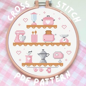 retro pink kitchen cross stitch pattern, cute kawaii utensils tools shelves vintage needlework, embroidery PDF baking gift for baker pastel