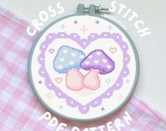 pastel mushroom cross stitch pattern, kawaii cozy autumn needlework, embroidery PDF printable, downloadable cottagecore fall decor fairycore