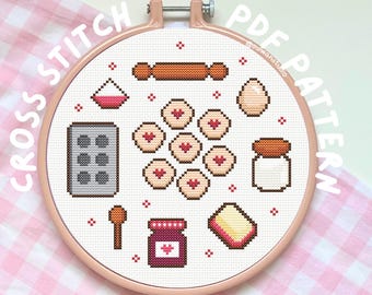 jam heart cookies recipe cross stitch pattern, kawaii festive thumbprint biscuits needlework, embroidery PDF printable, baking kitchen decor