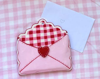 clay envelope mail holder, pink red gingham document organizer, wall mount decor, girly scallop border kawaii letter rack, coquette lovecore
