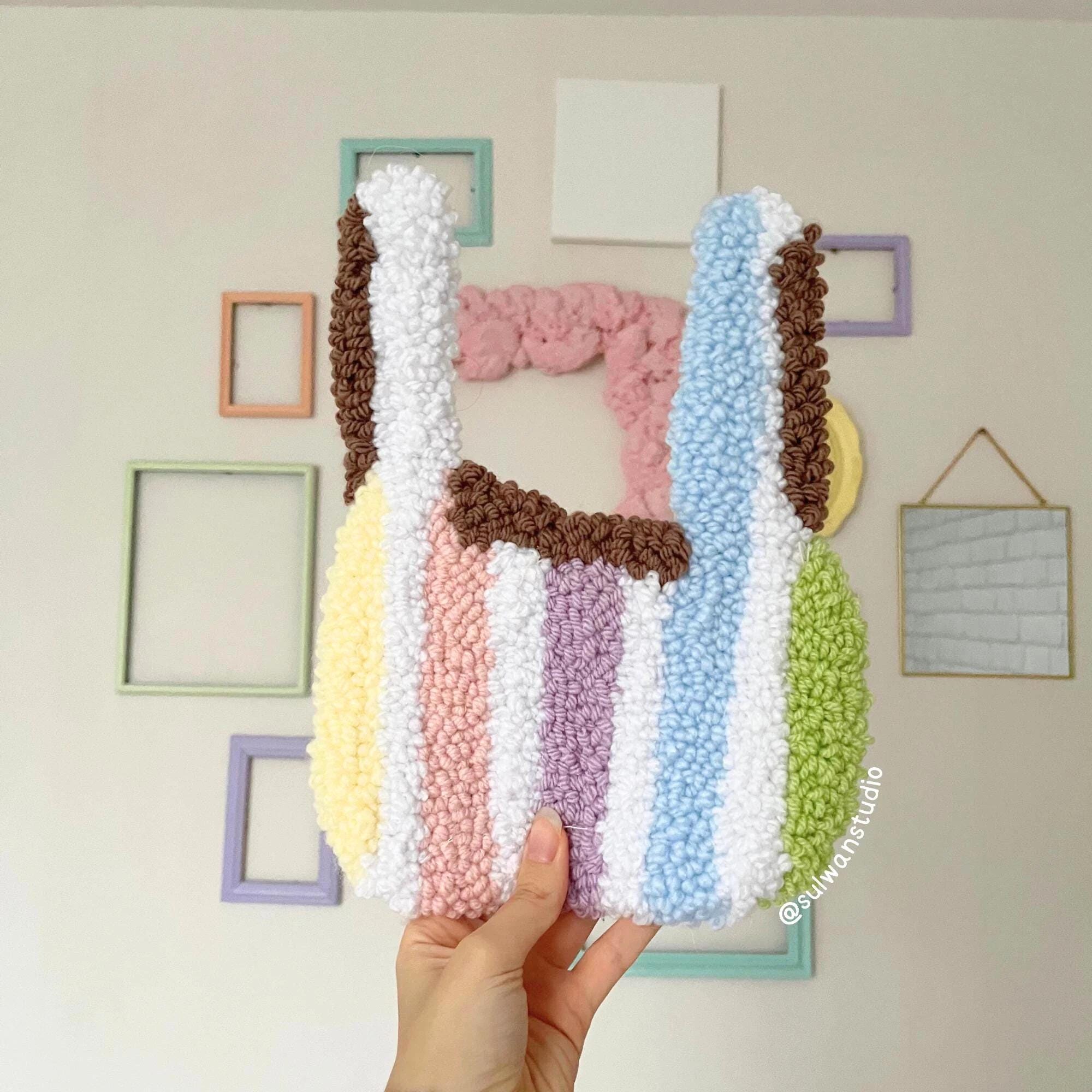 shopping bag wall art, kawaii rainbow hanging rug, kidcore colorful home mural, pastel plastic bag retro quirky tapestry, dopamine decor