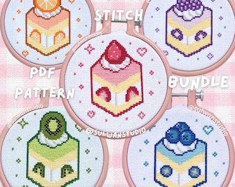 fruit cake cross stitch pattern bundle, kawaii video game anime food dessert needlework, embroidery PDF printable, strawberry pixel art