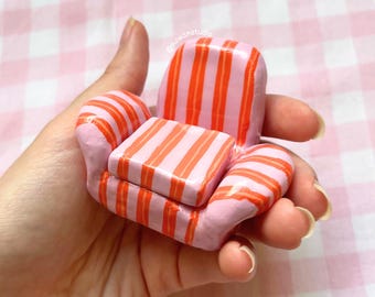 miniature armchair couch jewelry box, girly pink orange striped tiny sofa, pastel Y2K colorful decor, kawaii quirky gift for her ring holder