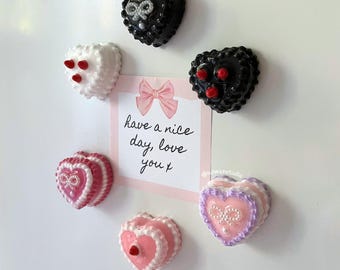 Heart cake fridge magnet, cute miniature food pastel goth kitchen decor, bow dark coquette vintage, kawaii colorful gothic housewarming gift