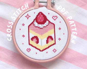 strawberry cake cross stitch pattern, kawaii video game anime food dessert needlework, embroidery PDF printable, pink fruit pixel art decor
