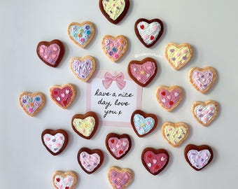 Heart frosted sugar cookies fridge magnet set, cute miniature food pastel kitchen decor, kawaii pink sprinkles galentines biscuit, lovecore