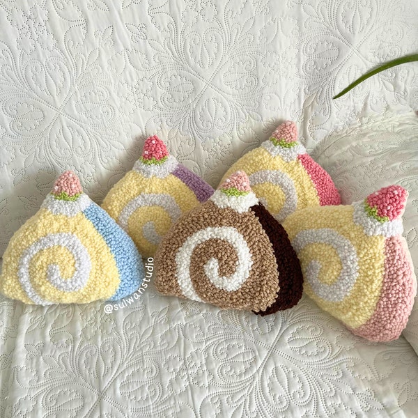 Swiss roll cake accent pillow pastel cute, kawaii handmade punch needle cozy decorative cushion cover plushie, housewarming nursery gift