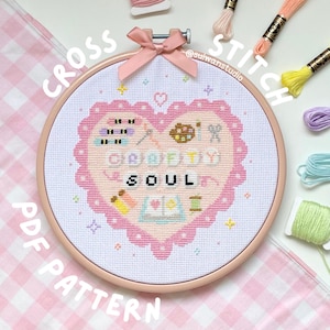 Patrón de punto de cruz para niña astuta, diario de pasatiempos acogedor kawaii, pintura, costura, bordado, PDF imprimible, regalo descargable para artesano.