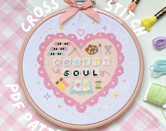 crafty girl cross stitch pattern, kawaii cozy hobby journaling painting needlework, embroidery PDF printable, downloadable gift for crafter