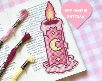 Patrón de punto de cruz para marcapáginas de vela, linda luna y estrellas en tonos pastel, acogedor otoño, estilo cottagecore, invierno, amante de los libros de fantasía, regalo para lectores de romance