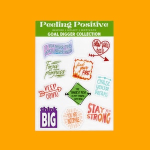 May include: A set of 10 colorful motivational stickers with positive messages like "Follow your heart", "Find your fire", "Keep going", "Think big", and "Stay strong".