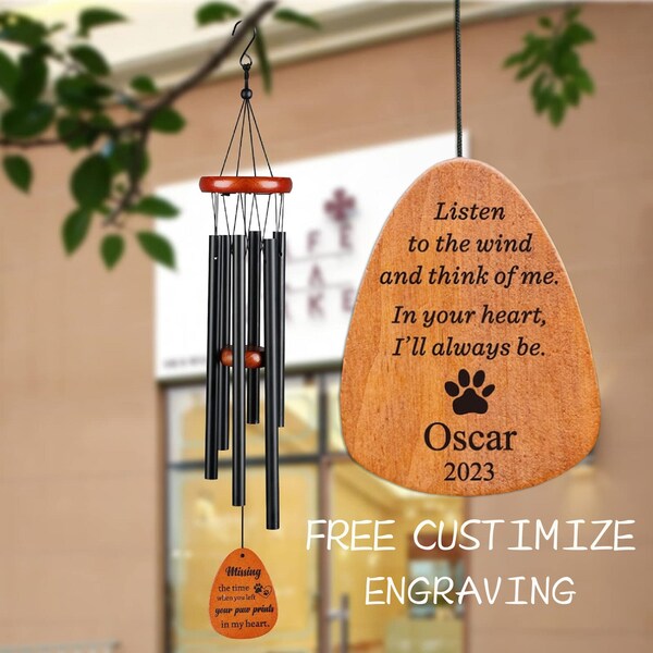 Black Double Side Personalized Engrave Pet Memorial Outdoor Wind Chime-Pet Lose Remenbering Gift-Outside Sketch Dog Cat Loss Sign for Garden