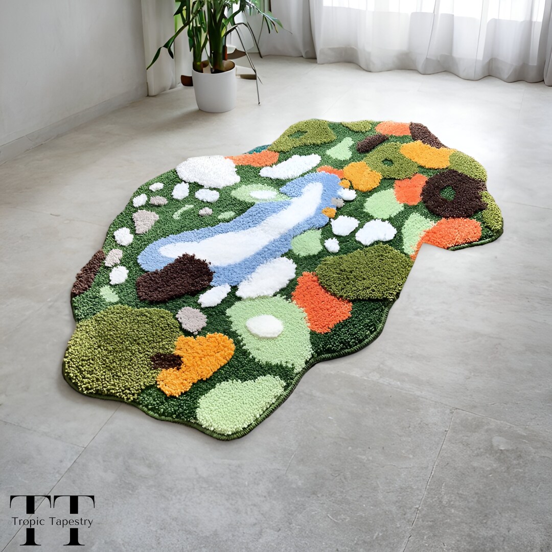 Funky Moss Bathroom Mat, Nature Bath Rug, Fluid Flower Carpet
