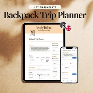 Peut inclure: Un modèle Notion pour planifier un voyage en sac à dos. Le modèle comprend des sections pour les détails du voyage, le suivi du budget et un calendrier de voyage. Le modèle est intitulé "Backpack Trip Planner" et est conçu par ReadyToPlan.