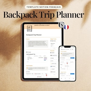 Peut inclure: Une capture d'écran d'un modèle Notion pour planifier un voyage en sac à dos. Le modèle est intitulé "Backpack Trip Planner" et comprend des sections pour le suivi du budget, les listes de contrôle d'emballage et un calendrier de voyage. Le modèle est conçu pour être utilisé sur un ordinateur ou un appareil mobile.