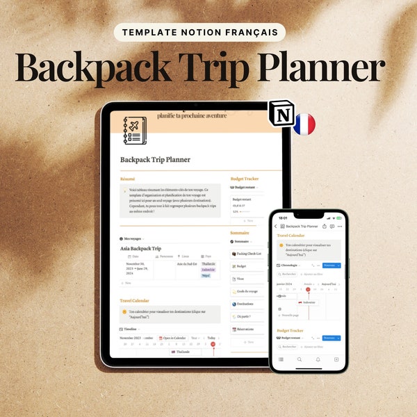 Backpack Trip Planner, Modèle Notion français