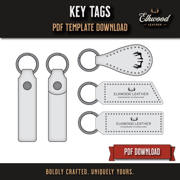 Leather Key Tag Template Bundle - PDF Pattern. Downloadable Printable DIY Template Key Fob Pattern. Key ring Leather Download (PDF Template)