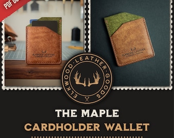 May include: A digital pattern and instructions for making a leather cardholder wallet. The wallet is brown with a green leather accent and features the text "Elkwood Leather Handmade in England".