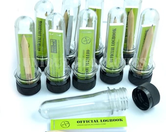 Set of 10pcs Geocaching PET Micro containers with handmade logbooks  logbooks and pencils. Geocache Petling preform soda w logs