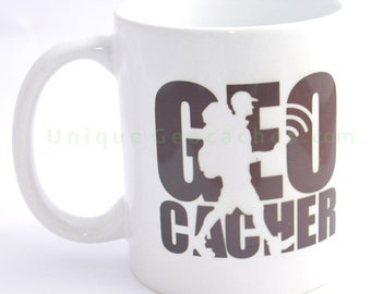 Geocaching mug with Geocaching logo sign. Ceramics 8 oz (350 ml) size cup- a perfect gift for geocacher