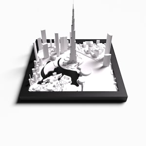 Modèle miniature de la ville de Dubaï imprimé en 3D - Burj Khalifa - Œuvre murale encadrée exclusive - Décoration urbaine moderne - Modèle de Dubaï