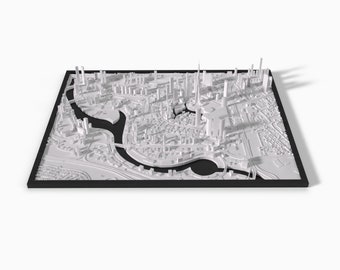 Maqueta en miniatura de la ciudad de Dubái impresa en 3D: Burj Khalifa. Póster enmarcado exclusivo. Decoración urbana moderna. Maqueta 3D de la ciudad de Dubái.