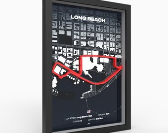 Long Beach Circuit Poster, 3D Relief Track Map, Framed, A4 A3, California Street Track Wall Art, Sim Racing Gift for Him, Garage Decor