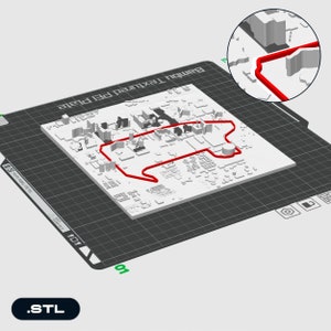 May include: A 3D printed model of a city with a red race track winding through it. The model is on a black grid surface with a white border. The text "Bambu Textured PEI Plate" is visible on the model. The file extension ".STL" is visible in the lower left corner of the image.
