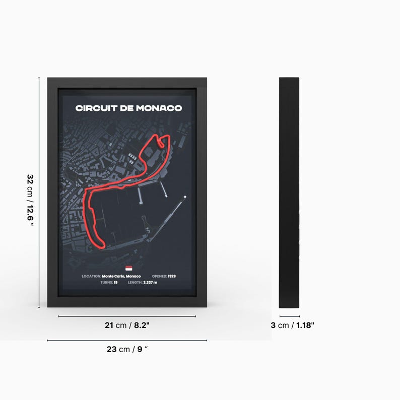 May include: A black framed poster with a map of the Circuit de Monaco race track. The track is highlighted in red. The poster is 12.6 inches tall and 8.2 inches wide. The frame is 1.18 inches wide.