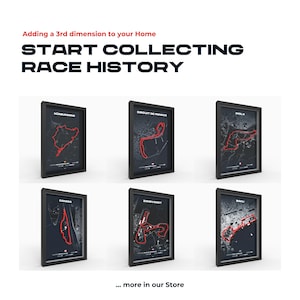 May include: Six framed black and white prints of famous race tracks, including the Circuit de Monaco, Hockenheimring, Zandvoort, and more. The tracks are outlined in red. The text "START COLLECTING RACE HISTORY" is at the top of the image. The text "... more in our Store" is at the bottom of the image.