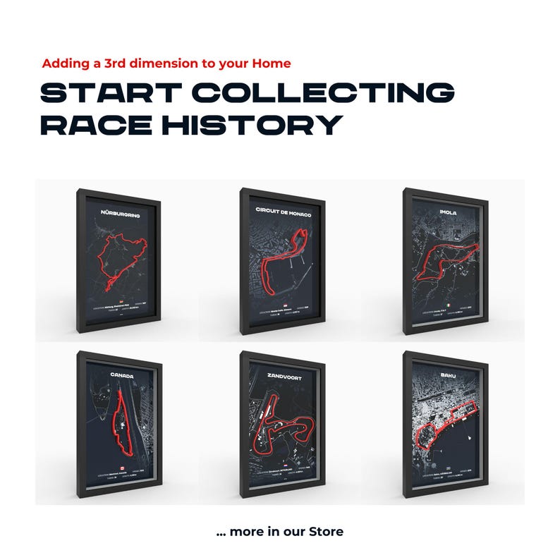 May include: Six framed black and white prints of famous race tracks, including the Circuit de Monaco, Hockenheimring, Zandvoort, and more. The tracks are outlined in red. The text "START COLLECTING RACE HISTORY" is at the top of the image. The text "... more in our Store" is at the bottom of the image.