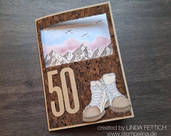 Birthday card with mountain panorama and hiking boots - personalized with name and age - real cork paper