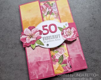Personalized birthday card with floral pattern and band, number selectable, handmade, special card for a woman's milestone birthday