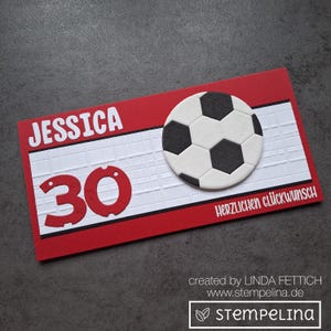 handgemachte Fußballkarte zum Geburtstag in Vereinsfarben - personalisiert mit Namen und Alter - rot weiß - für Fußballfans