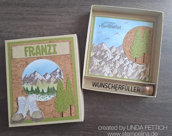 Personalized gift box with name - Mountains + hiking boots - Packaging and greeting card in one - Gift box for retirement or birthday