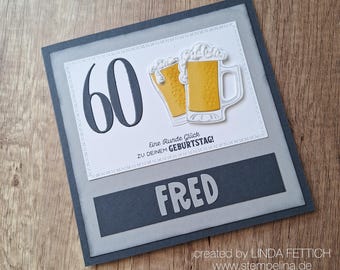 XL men's birthday card with beer mug and foam - number freely selectable - milestone birthday - personalized with name + age - blue grey