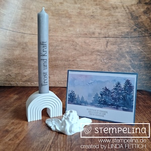 Trauer Geschenk mit handgefertigter Karte und personalisierten Kerzen nach Wunsch im Geschenkkarton - Regenbogen Kerzenhalter + Engel