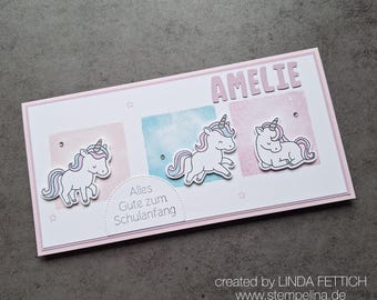 Enchanting back-to-school card with unicorn and glitter for girls | personalized with first name | Back-to-school greeting card