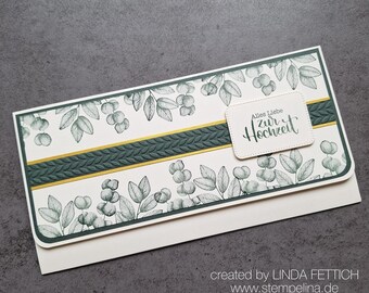 Wedding money gift packaging with magnetic closure | Gift certificate box for the bride and groom | Wedding gift with leaf motif | dark green cream