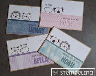 Personalized baby announcement card - various designs - with baby's name - cute animal heads: lion, koala, teddy bear, hippopotamus