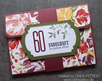 Floral packaging pop-up gift voucher for women celebrating a milestone birthday with a floral pattern - personalized for vouchers in credit card format