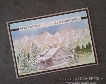 Retirement card for hikers and mountain lovers - mountain hut in the forest - mountain panorama with hut and trees - personalization possible