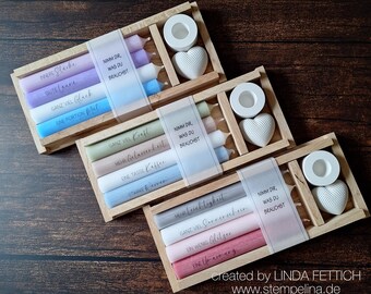 High-quality candle gift set in a wooden tray - Take what you need - with candle holder and heart - 3 sets to choose from