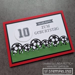 handgemachte Geburtstagskarte für kleine Fußball-Fans mit Wunschzahl personalisiert - rot weiß
