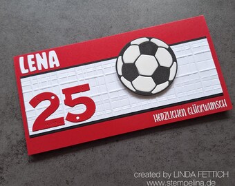 Handmade football birthday card in club colors - personalized with name and age - red and white - for football fans