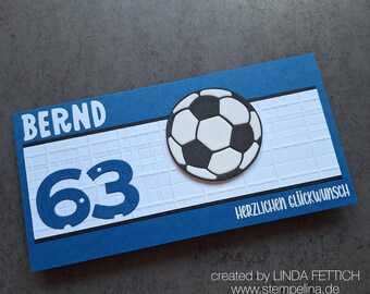 Handmade football birthday card in club colors - personalized with name and age - blue and white - for football fans
