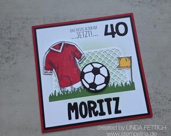 Football birthday card - personalized with age, name and desired jersey - in club colors red and white - handmade and individual
