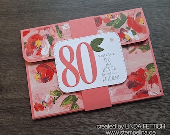Pop-up gift voucher packaging for a woman's milestone birthday - floral design - for gift vouchers in credit card format - personalized