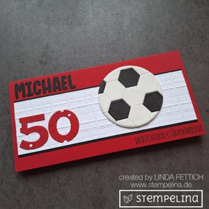 handgemachte Fußballkarte zum Geburtstag in Vereinsfarben - personalisiert mit Namen und Alter - rot weiß schwarz - für Fuballfans