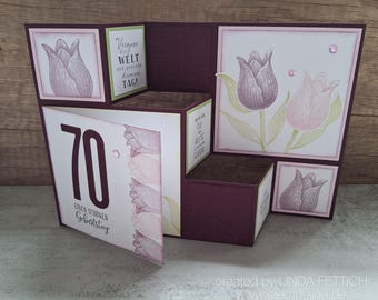 XL birthday card with tulips - for women - with number of your choice - special card in a stepped shape - purple and pink